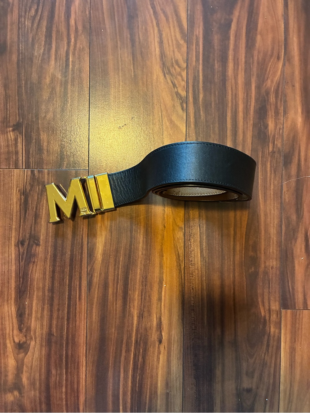 MCM Reversible Leather Belt with Gold 'M' Bar Buckle